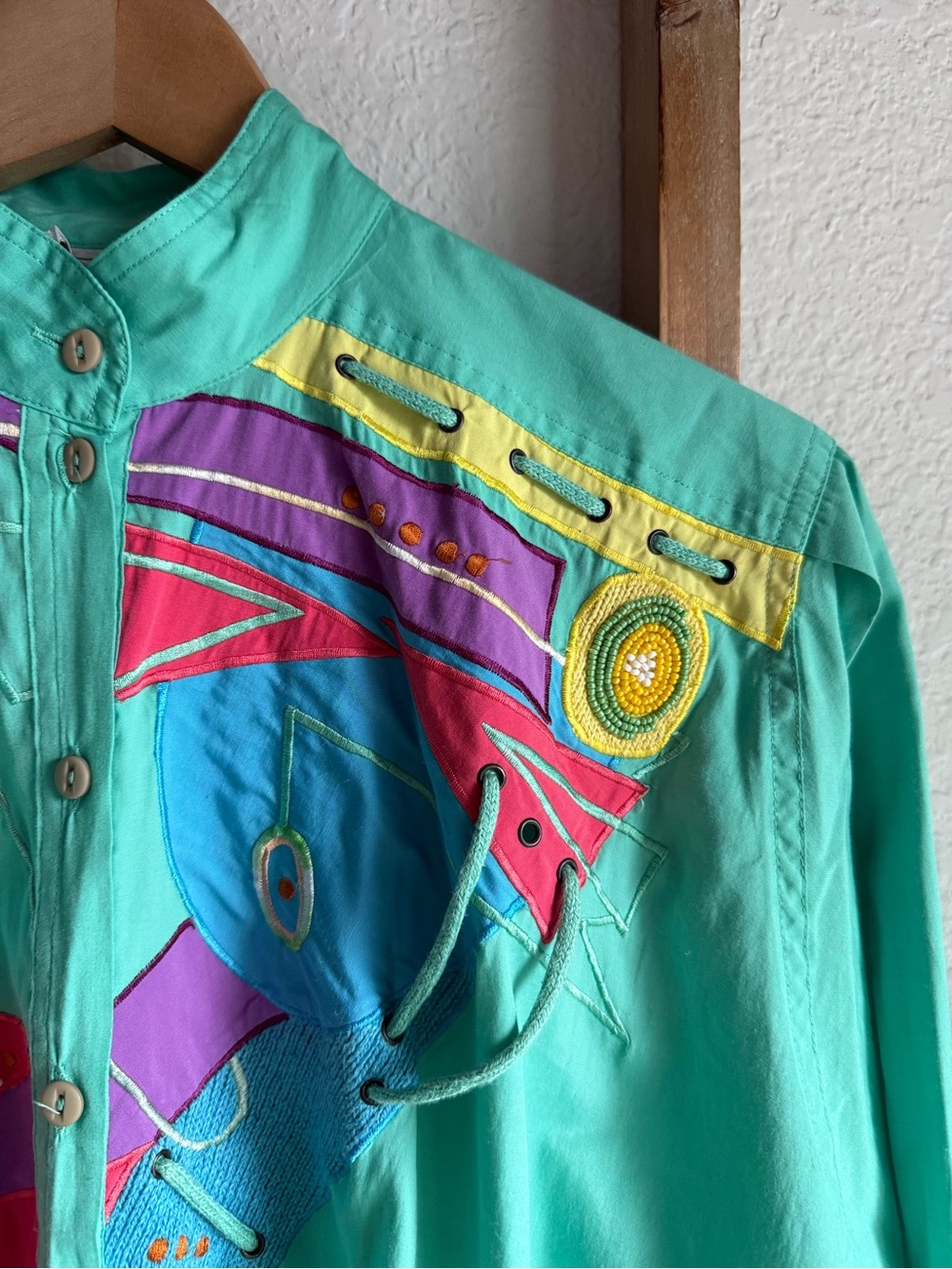Marc D'Alcy Paris Mint Green Art-to-Wear Embellished Blouse Vintage ‘80’s Sz: 8 - Picture 5 of 10